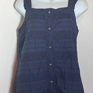 Anne Taylor Loft Top Large Navy Blue Cap Ruffle Sleeve Eyelet Top Cotton